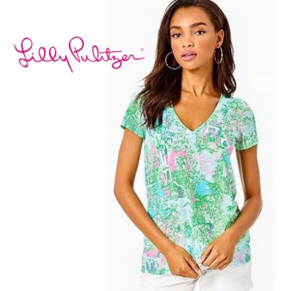 Lilly Pulitzer Etta V-Neck Tee – XS – Multi “Lilly Loves Palm Beach” – EUC - Picture 1 of 5